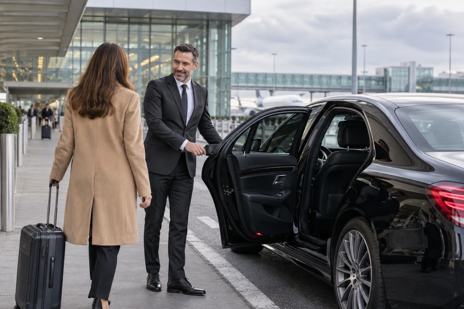 A chauffeur welcoming a traveller beside a car at an airport