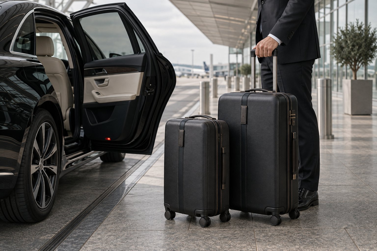 Luggage beside an open chauffeur-driven car at an airport