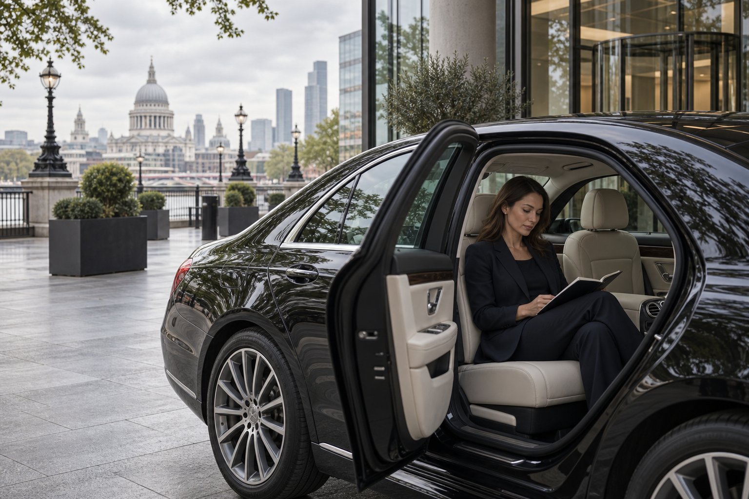 A passenger reviewing a notebook in a chauffeured saloon in London