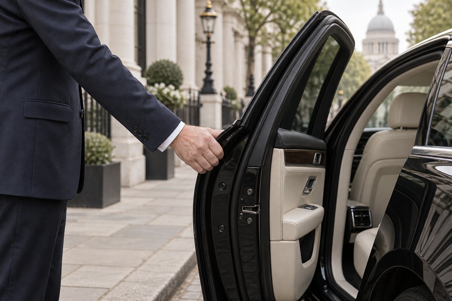 A chauffeur holding open the rear door of a saloon