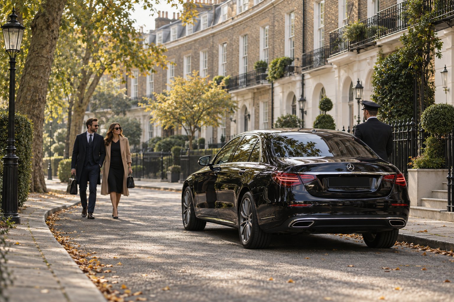A chauffeur and black saloon waiting on a leafy London street