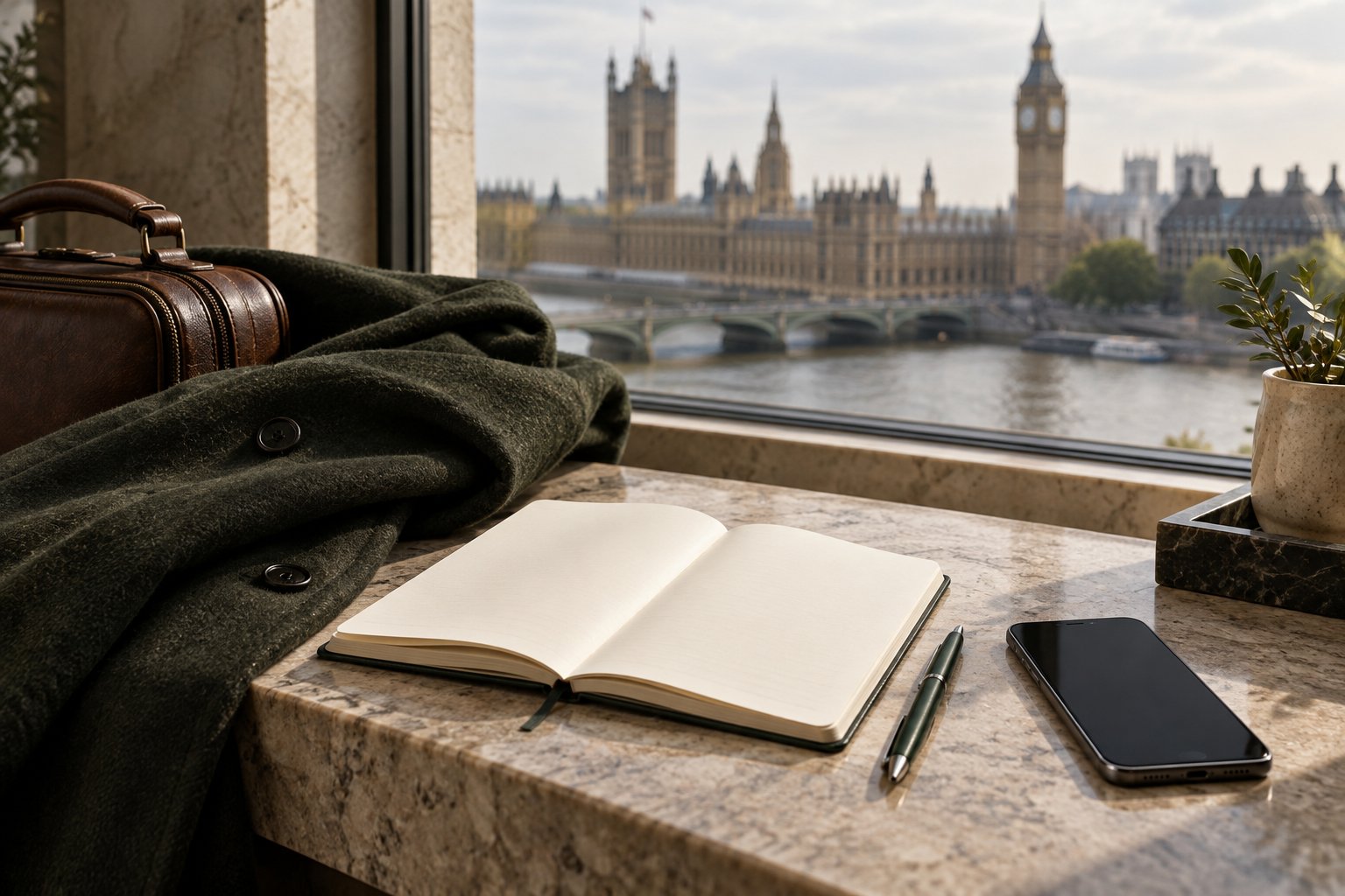 A notebook and travel essentials beside a London river view