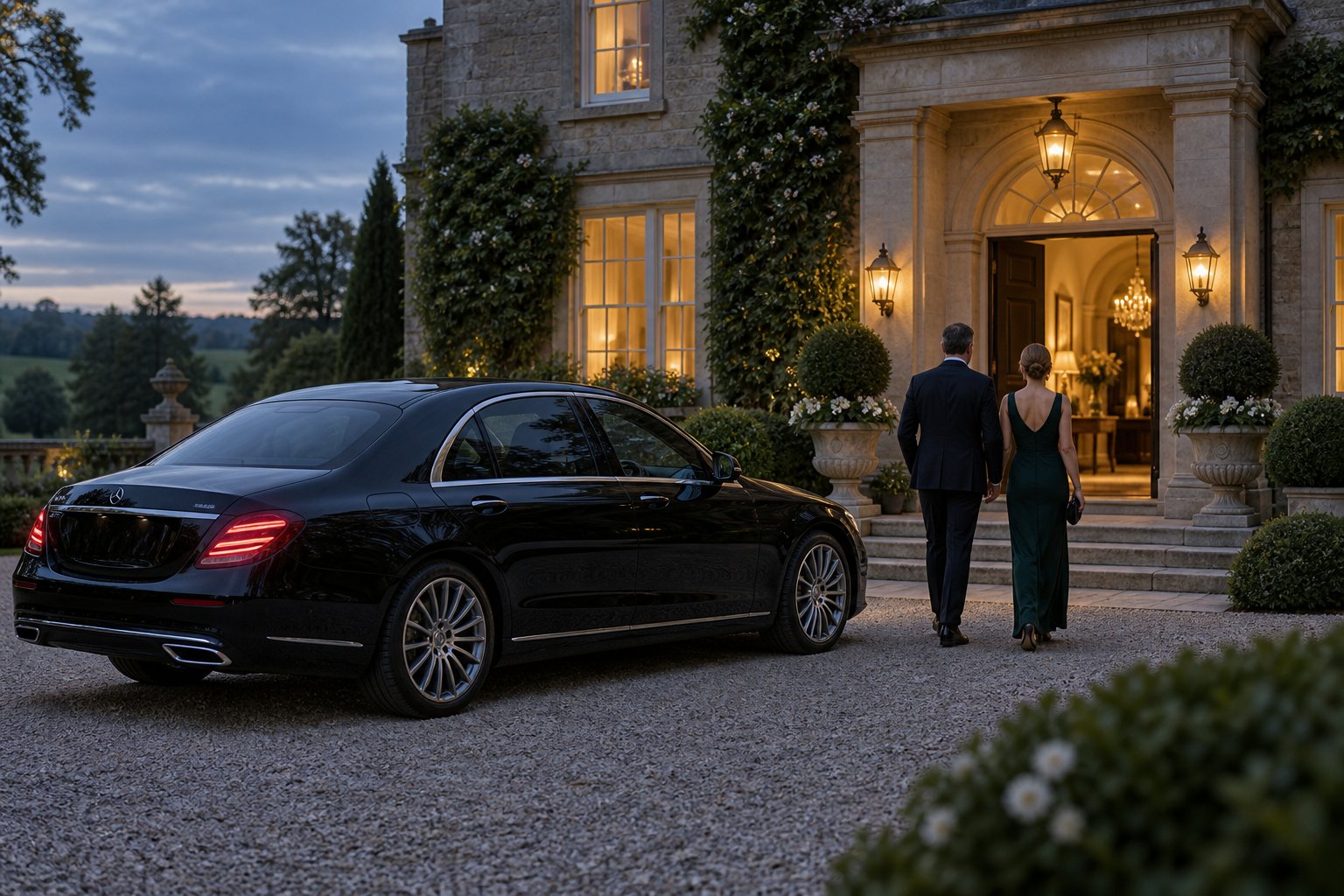 A couple arriving by saloon at a country house in the evening