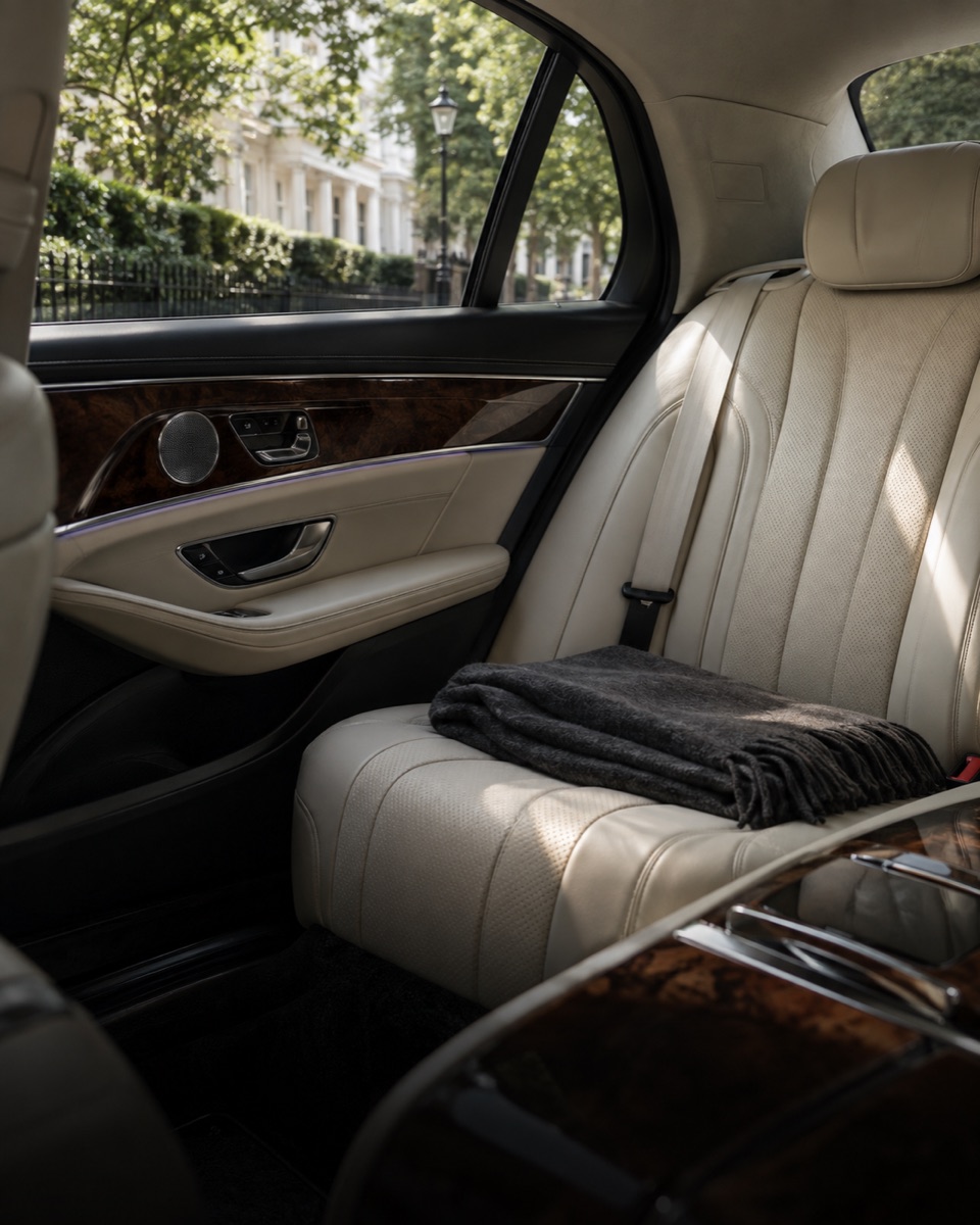 Ivory leather rear seats and walnut trim in a quiet executive cabin