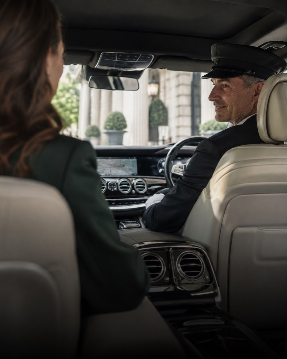 A passenger and chauffeur sharing a friendly moment before departure