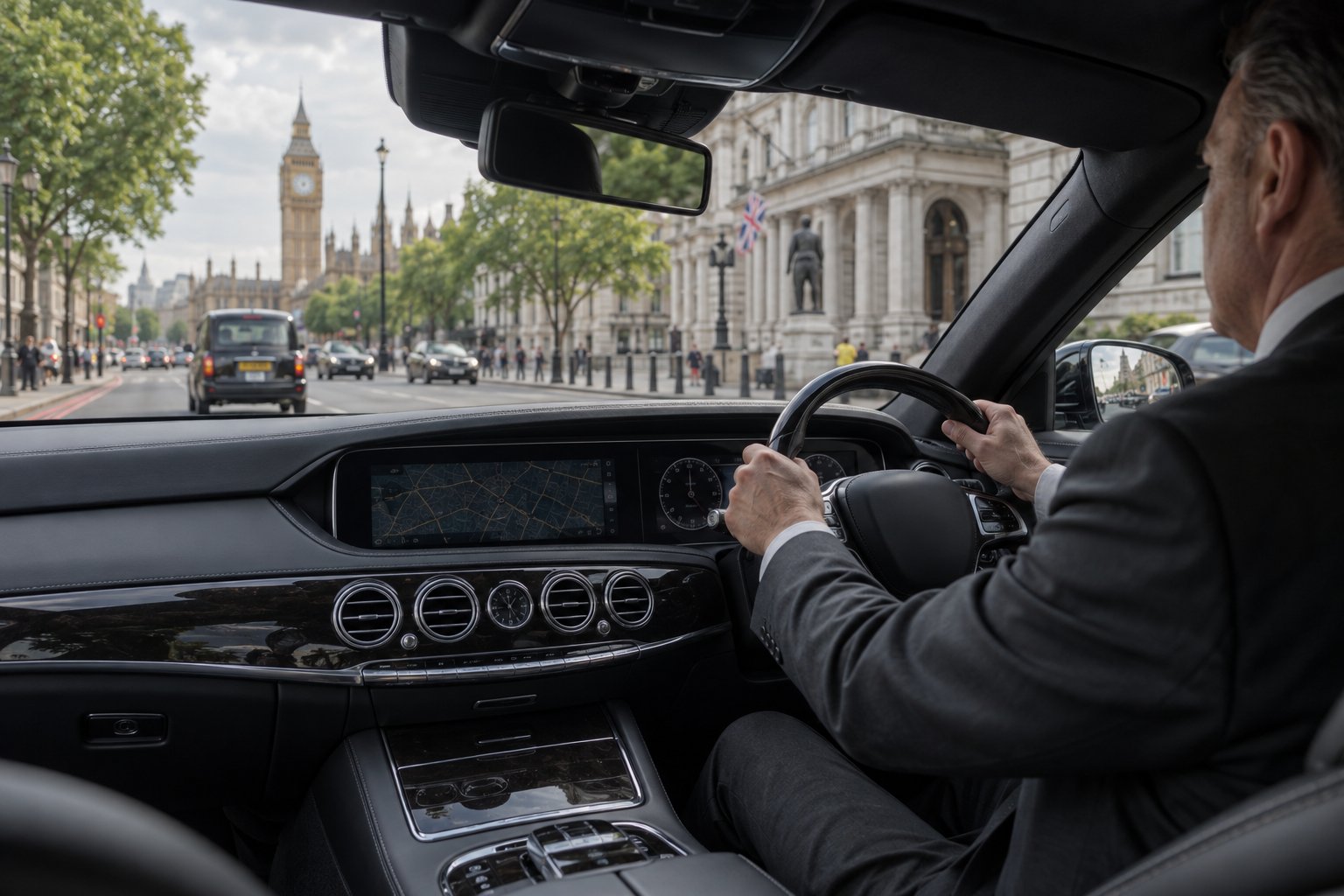 A chauffeur at the wheel of a right-hand-drive saloon in London