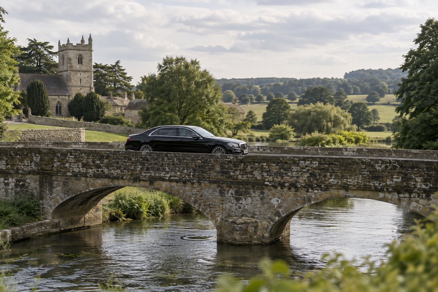 Wide black saloon crossing a handsome old stone bridge in English countryside