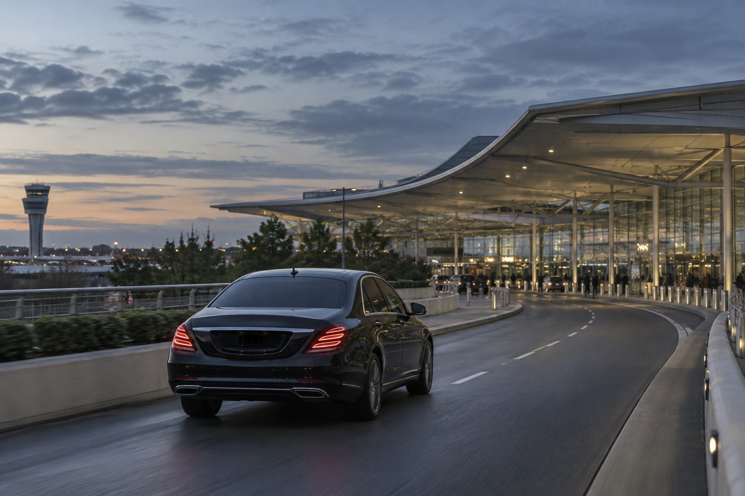 Black saloon viewed from the rear on a sweeping airport departure approach with terminal canopy ahead
