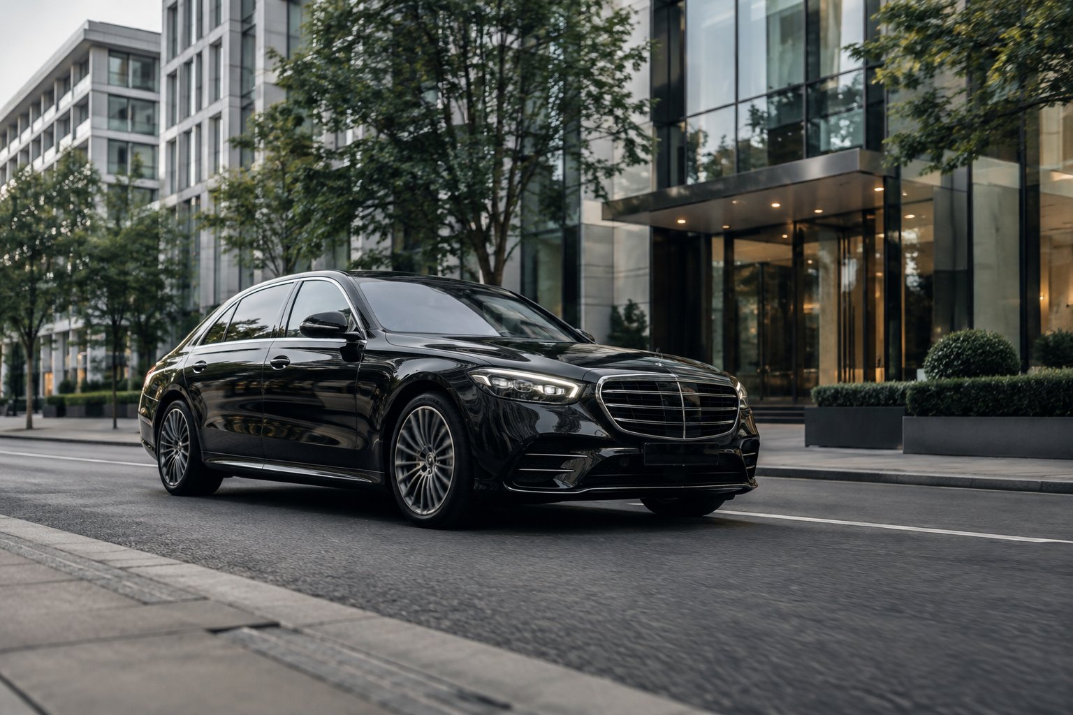 Black luxury saloon passing modern glass buildings on a quiet east London road