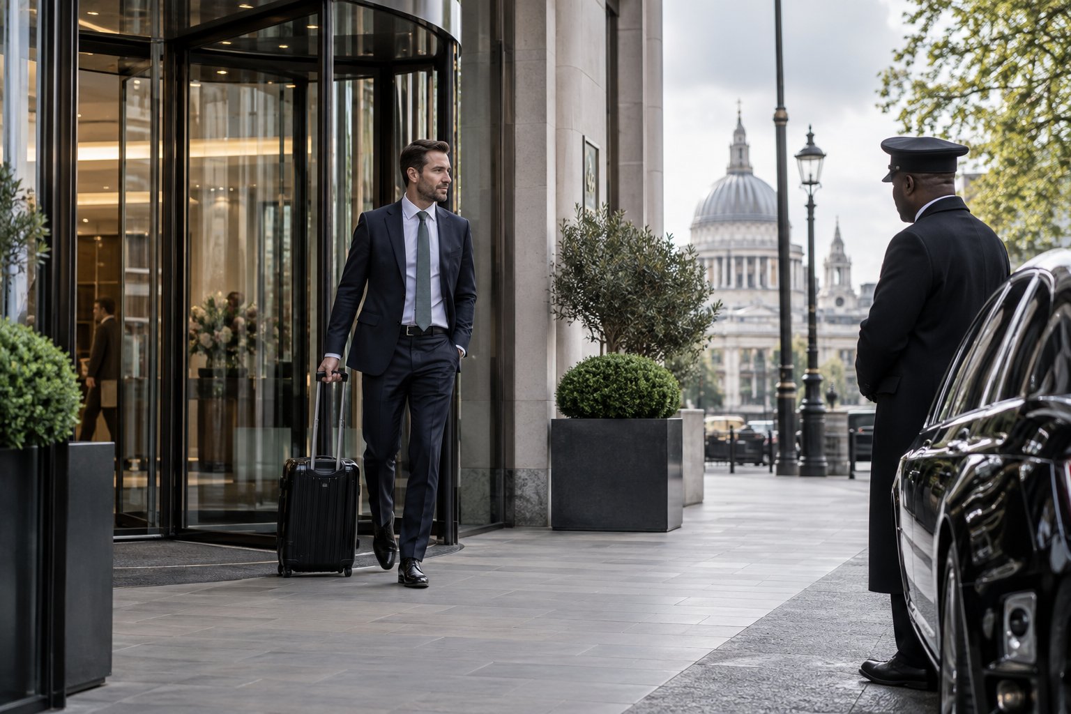 A traveller in business clothing exiting modern office revolving doors with a small rolling case