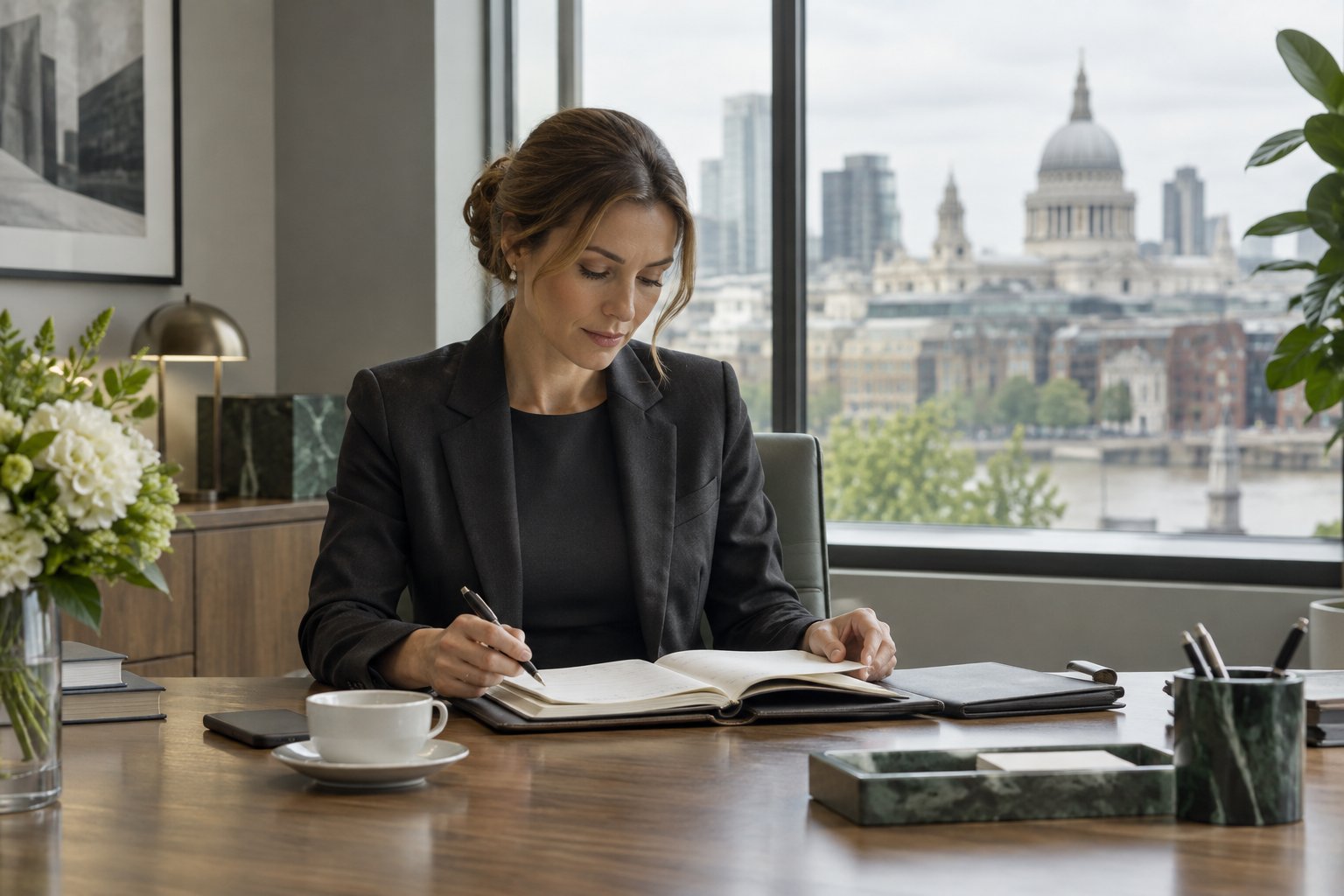 An executive assistant at a tidy oak desk reviewing travel arrangements in an open diary