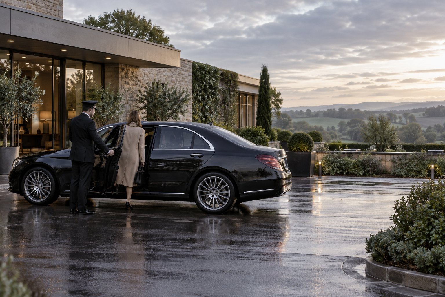 A black saloon in front of a modern low-rise Sussex hotel
