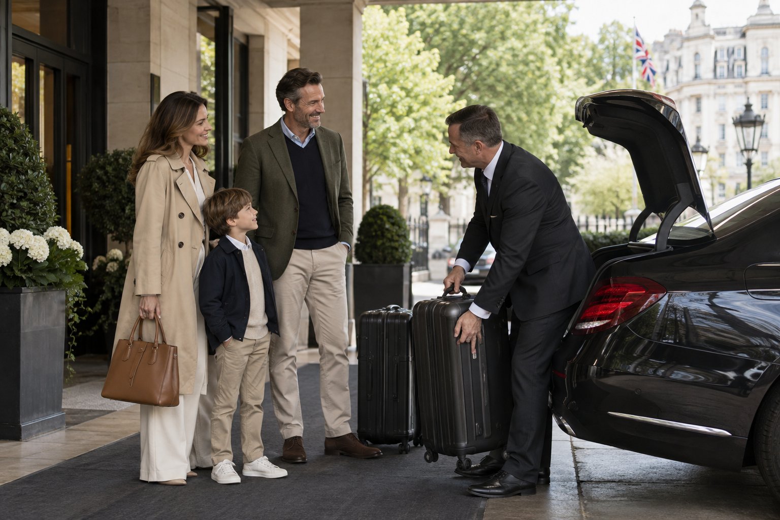 A chauffeur helping a family with their luggage beside a saloon