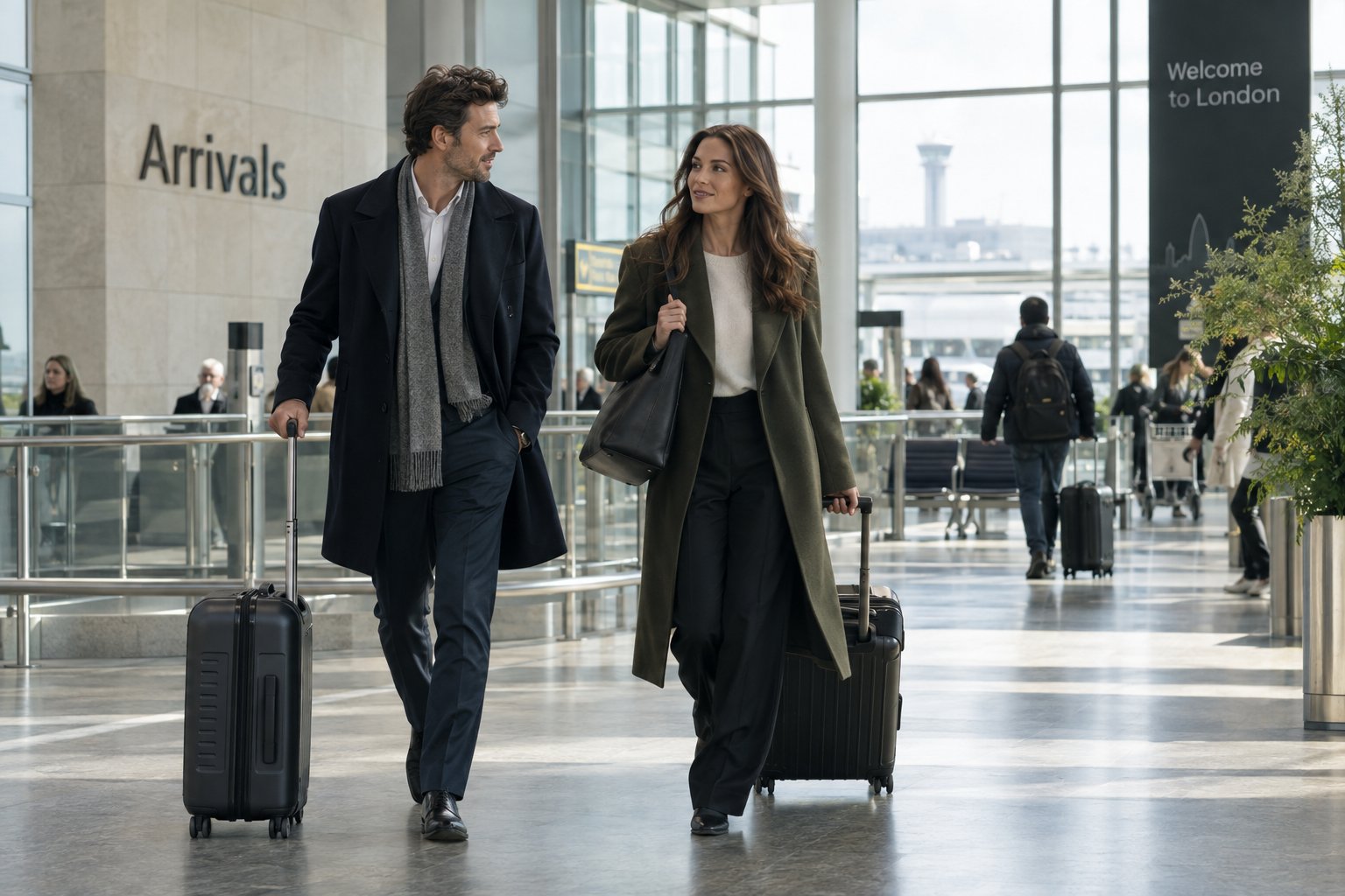 Two elegant travellers rolling luggage through a bright modern British airport arrivals concourse