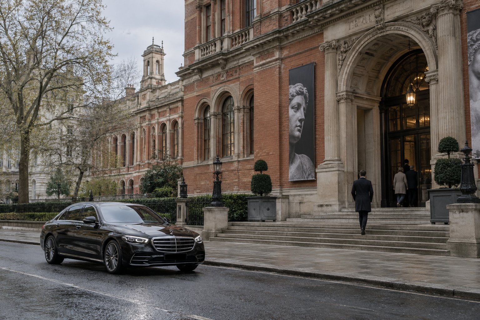 Black executive saloon approaching a red brick London museum frontage on a quiet overcast afternoon