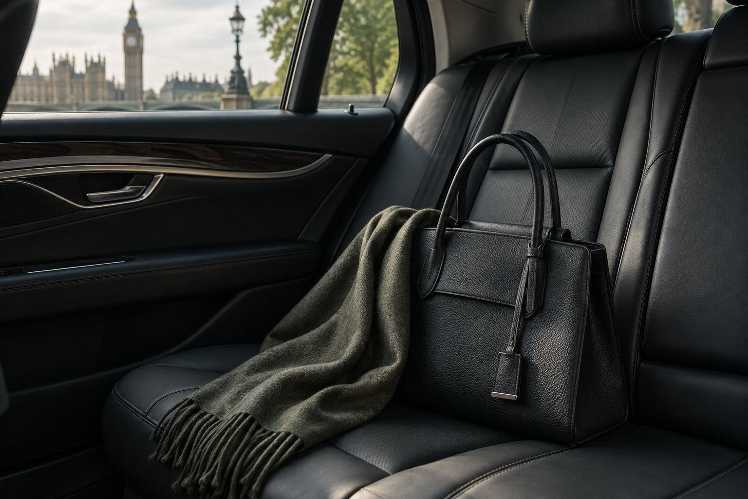 A black leather handbag and evening wrap resting on a clean dark luxury saloon seat