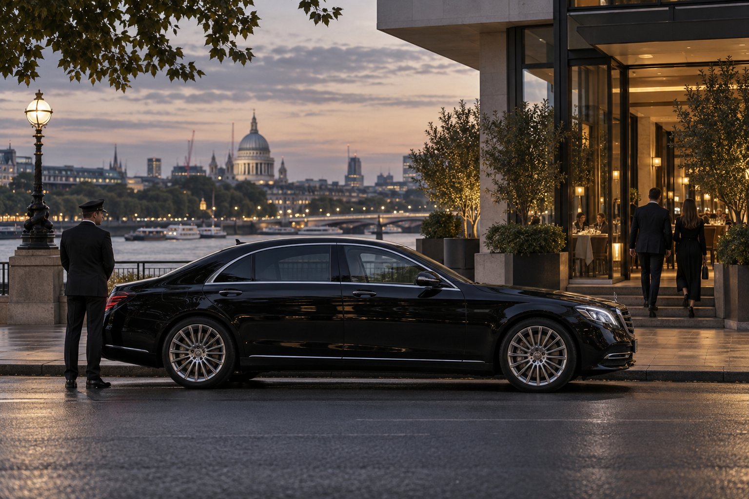 A chauffeur and executive saloon waiting outside a London hotel at dusk