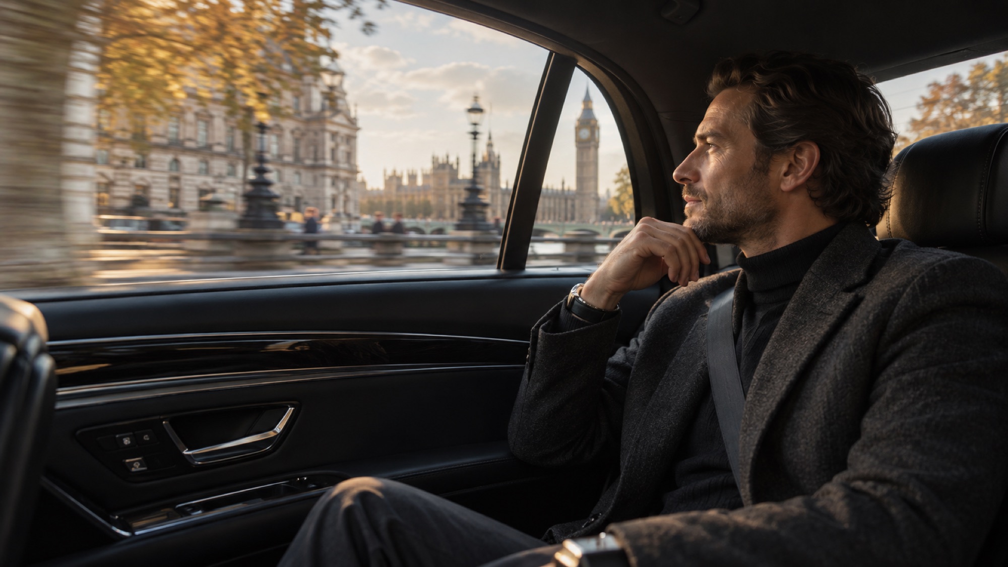 A passenger enjoying a quiet moment as London passes outside the car window