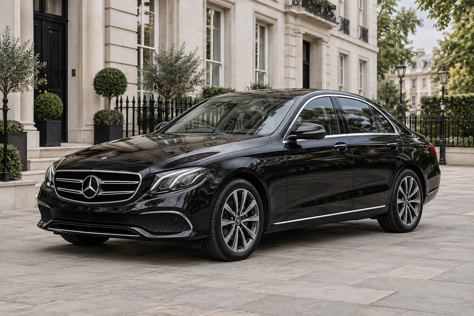 Black Mercedes-Benz E-Class executive saloon outside a London townhouse
