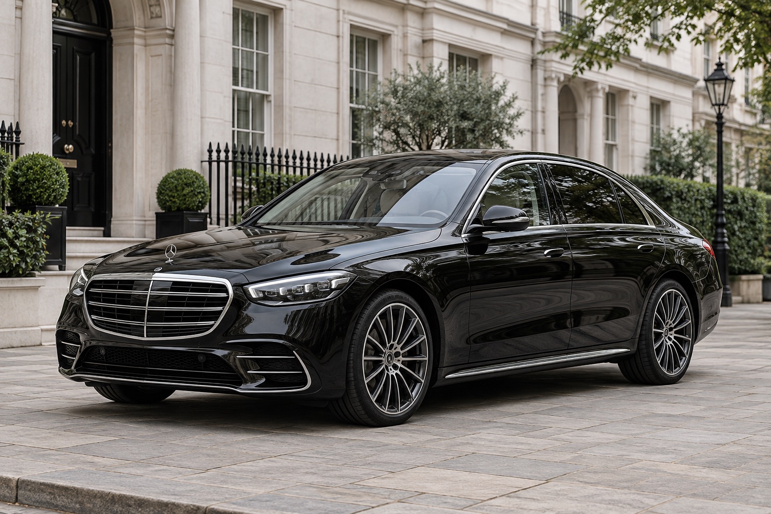 Black Mercedes-Benz S-Class luxury saloon outside a London townhouse