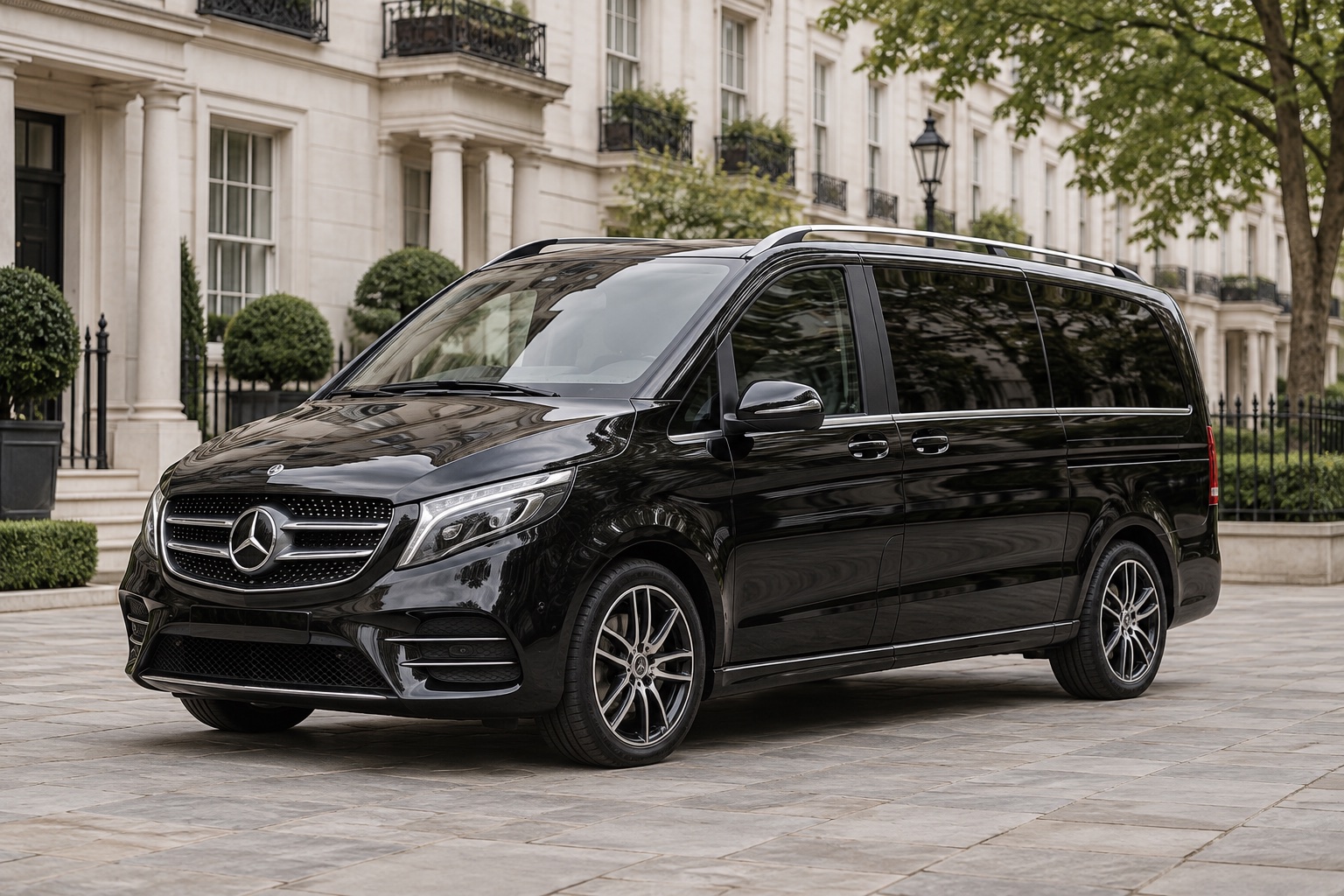 Black Mercedes-Benz V-Class passenger MPV outside a London townhouse
