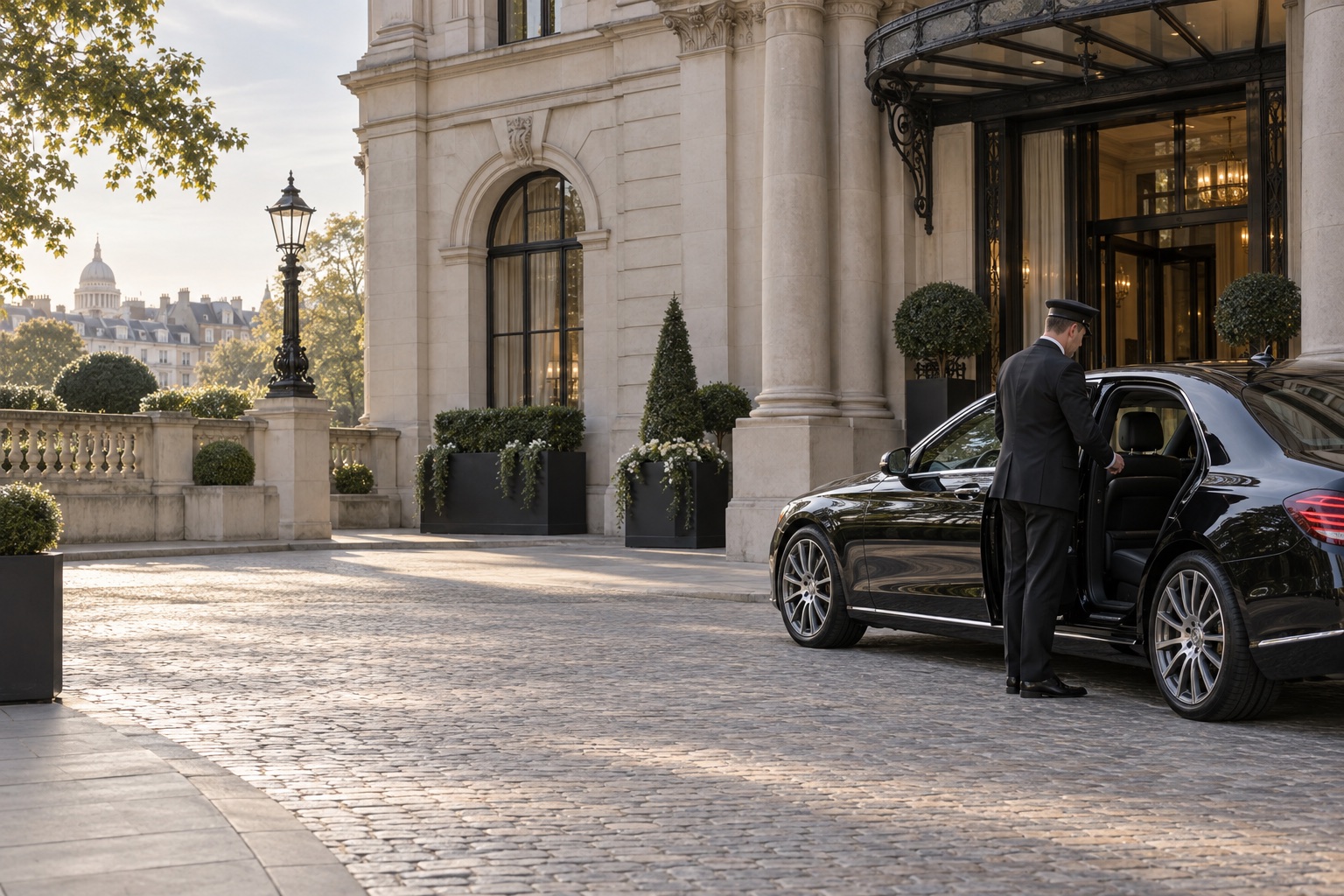 A chauffeur welcomes a guest outside an elegant London hotel