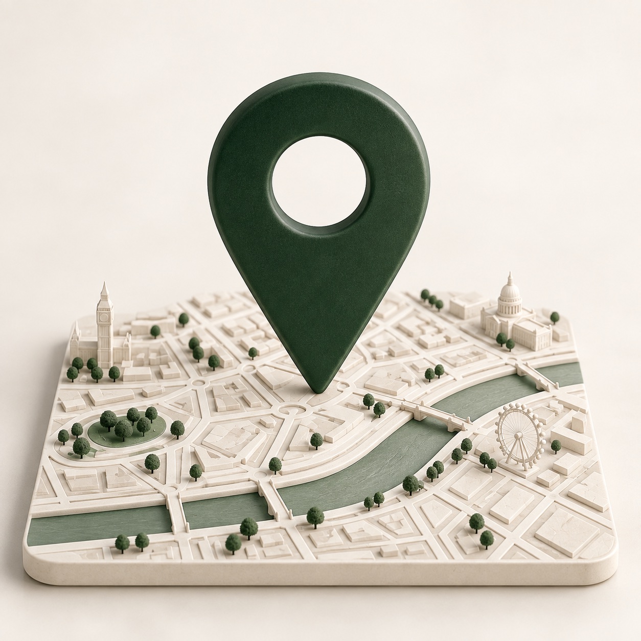 Green location pin above a miniature map of London