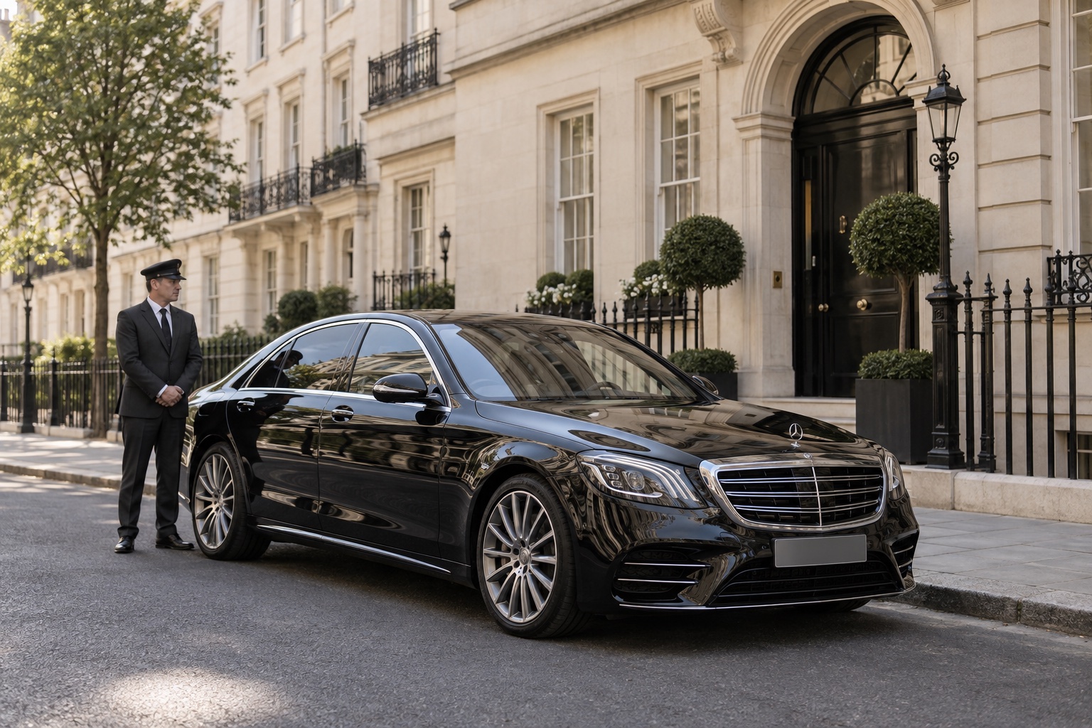 A black executive saloon and chauffeur outside a London townhouse