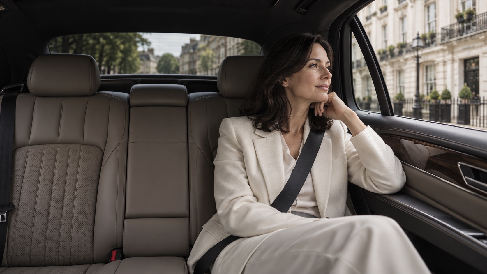 A passenger enjoying a quiet moment in a leather-trimmed car as London passes by