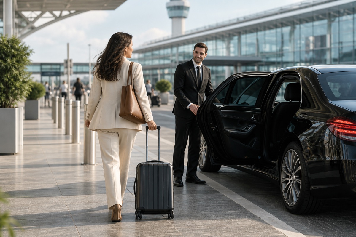 A traveller approaching an executive car outside an airport terminal