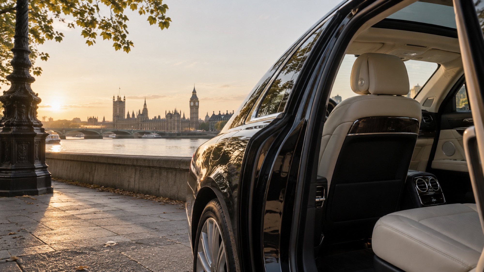 A black executive saloon beside the Thames in the early morning