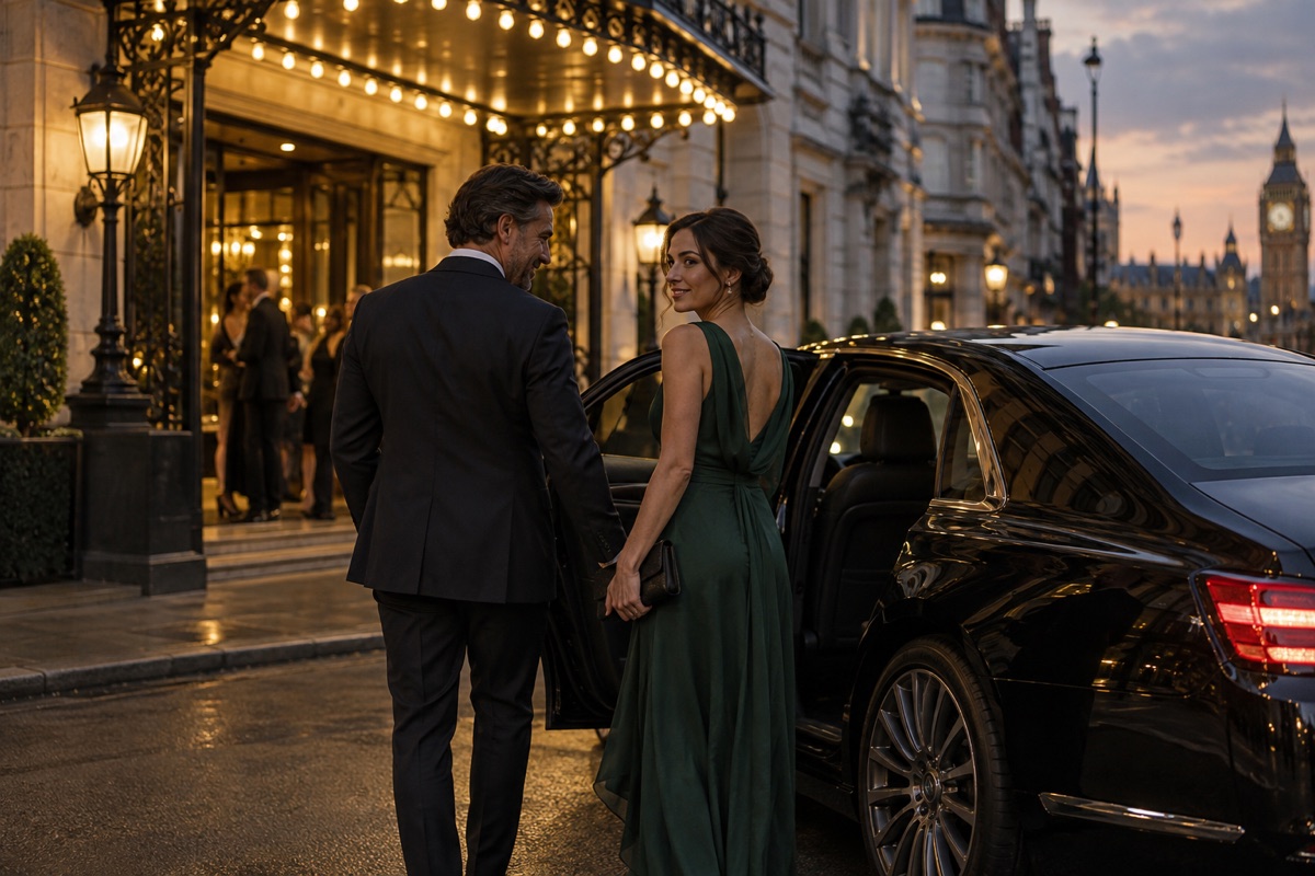 A couple arriving at a London theatre for an evening out